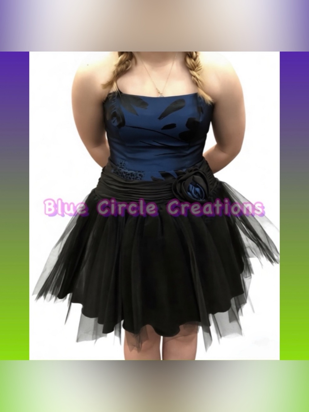 Faviana Strapless Party Dress Blue Black Tulle Skirt Flower Detail NWT Size 6
